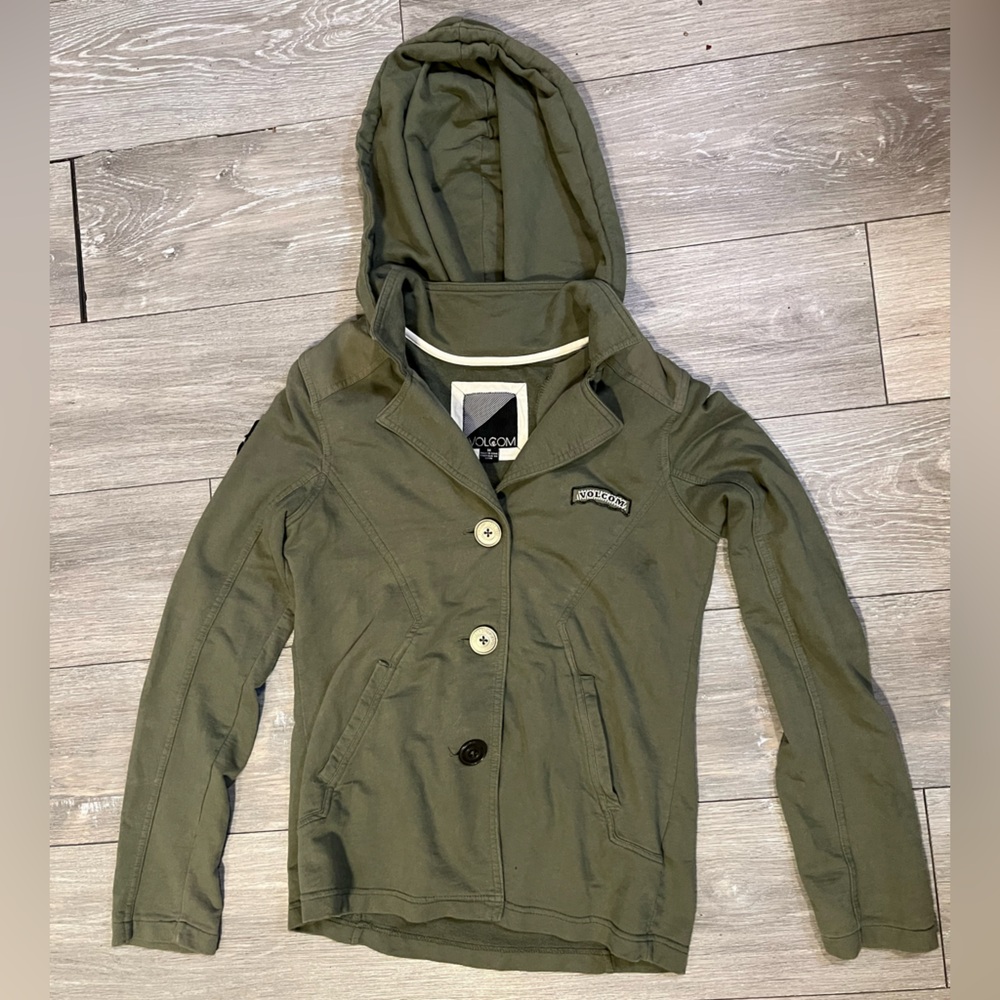 Volcom olive green medium button-down hooded jacket.